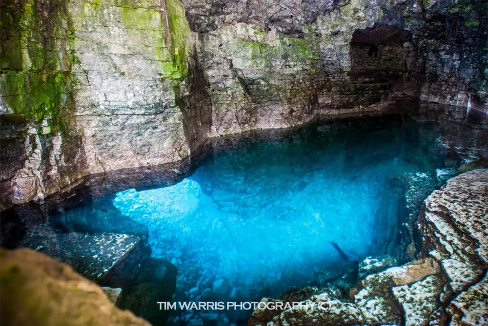 Underground cenote cave with luminous turquoise water surrounded by ancient stone walls covered in moss and mineral deposits
